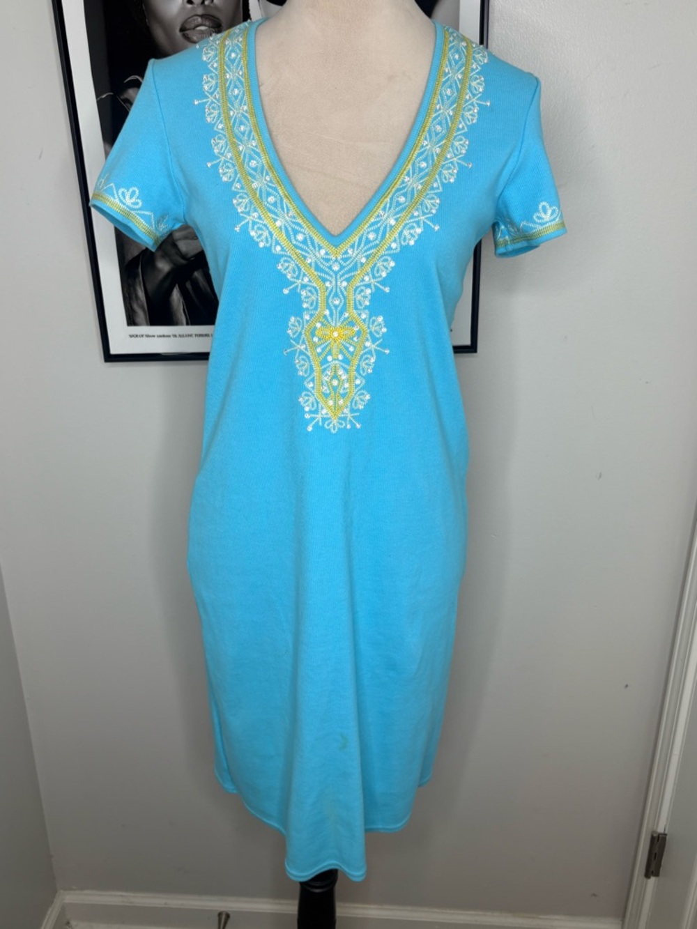 Moda International Turquoise Knit Dress with Yellow Embroidery